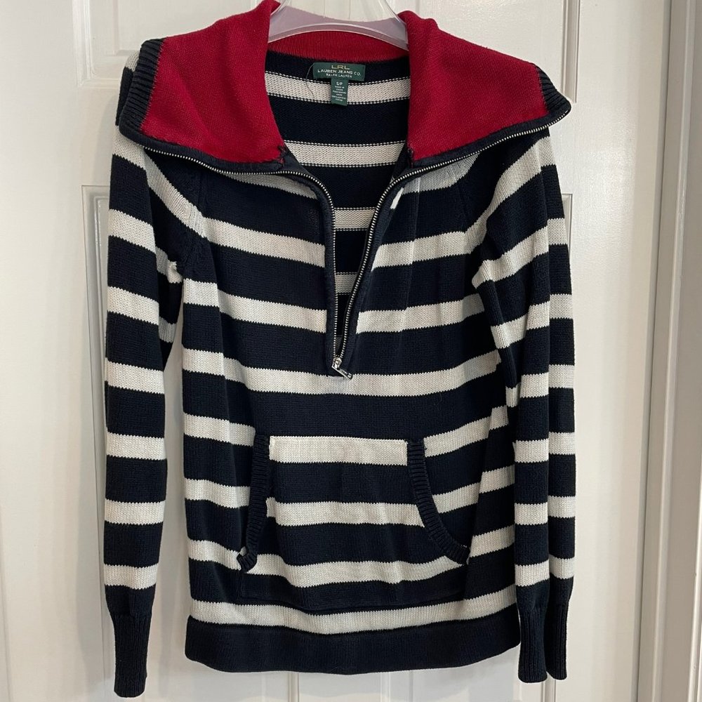Striped Half-Zip Sweater with Red Lined Collar